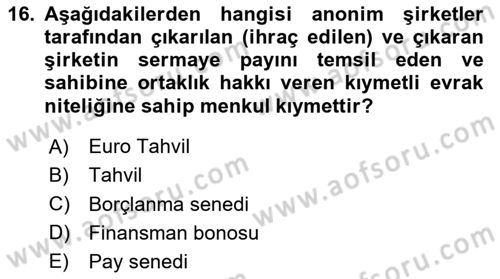 Spor Finansmanı Dersi Ara Sınavı Deneme Sınav Soruları 16. Soru