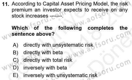 Business Finance 1 Dersi 2018 - 2019 Yılı (Final) Dönem Sonu Sınavı 11. Soru