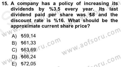 Business Finance 1 Dersi 2018 - 2019 Yılı (Final) Dönem Sonu Sınavı 15. Soru