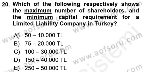 Business Finance 1 Dersi 2018 - 2019 Yılı (Final) Dönem Sonu Sınavı 20. Soru