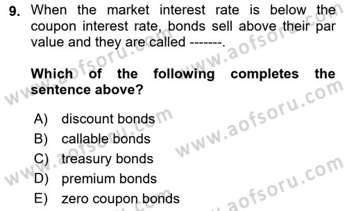 Business Finance 1 Dersi 2018 - 2019 Yılı (Final) Dönem Sonu Sınavı 9. Soru