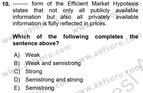 Business Finance 1 Dersi 2022 - 2023 Yılı (Final) Dönem Sonu Sınav Soruları 10. Soru