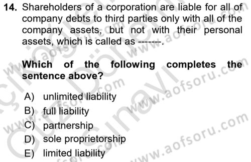 Business Finance 1 Dersi 2022 - 2023 Yılı (Final) Dönem Sonu Sınav Soruları 14. Soru