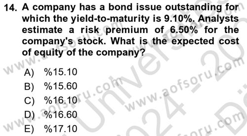 Business Finance 2 Dersi 2024 - 2025 Yılı (Vize) Ara Sınav Soruları 14. Soru