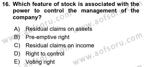 Business Finance 2 Dersi 2024 - 2025 Yılı (Vize) Ara Sınav Soruları 16. Soru