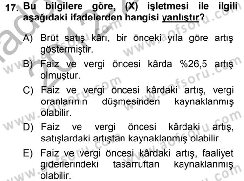 Finansal Yönetim 1 Dersi 2012 - 2013 Yılı (Vize) Ara Sınav Soruları 17. Soru