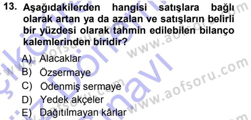 Finansal Yönetim 1 Dersi 2012 - 2013 Yılı (Final) Dönem Sonu Sınav Soruları 13. Soru