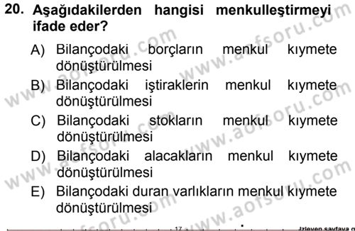 Finansal Yönetim 1 Dersi 2013 - 2014 Yılı Tek Ders Sınav Soruları 20. Soru