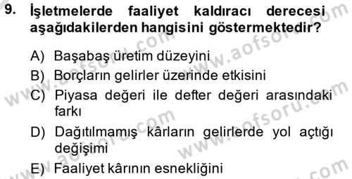 Finansal Yönetim 1 Dersi 2013 - 2014 Yılı Tek Ders Sınav Soruları 9. Soru