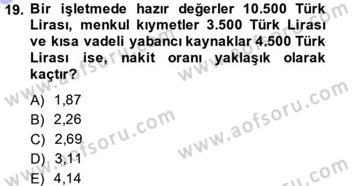 Finansal Yönetim 1 Dersi 2014 - 2015 Yılı (Vize) Ara Sınav Soruları 19. Soru