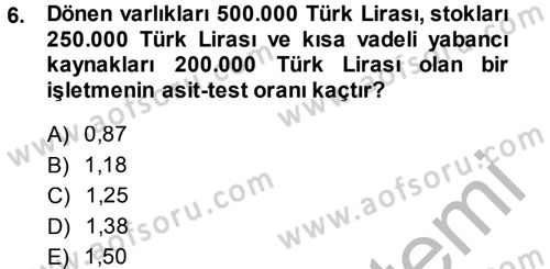 Finansal Yönetim 1 Dersi 2014 - 2015 Yılı (Final) Dönem Sonu Sınav Soruları 6. Soru