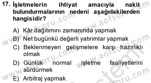 Finansal Yönetim 1 Dersi 2014 - 2015 Yılı Tek Ders Sınav Soruları 17. Soru