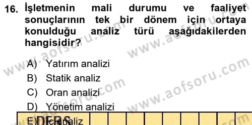 Finansal Yönetim 1 Dersi 2015 - 2016 Yılı (Vize) Ara Sınav Soruları 16. Soru