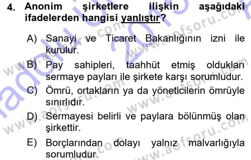 Finansal Yönetim 1 Dersi 2015 - 2016 Yılı (Vize) Ara Sınav Soruları 4. Soru