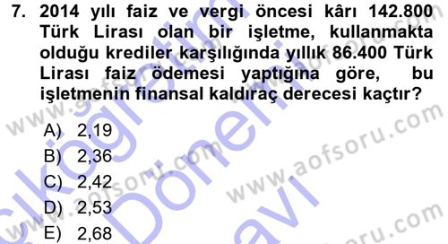 Finansal Yönetim 1 Dersi 2015 - 2016 Yılı (Final) Dönem Sonu Sınav Soruları 7. Soru