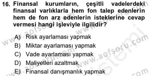 Finansal Yönetim 1 Dersi 2015 - 2016 Yılı Tek Ders Sınav Soruları 16. Soru