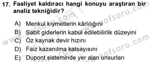 Finansal Yönetim 1 Dersi 2015 - 2016 Yılı Tek Ders Sınav Soruları 17. Soru