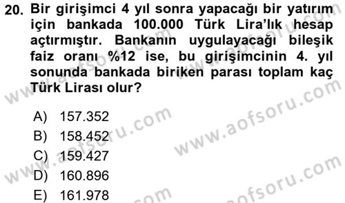 Finansal Yönetim 1 Dersi 2015 - 2016 Yılı Tek Ders Sınav Soruları 20. Soru