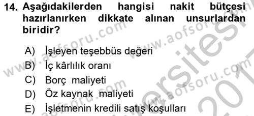 Finansal Yönetim 1 Dersi 2016 - 2017 Yılı 3 Ders Sınav Soruları 14. Soru