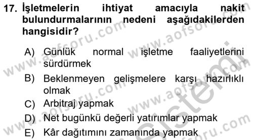 Finansal Yönetim 1 Dersi 2016 - 2017 Yılı 3 Ders Sınav Soruları 17. Soru
