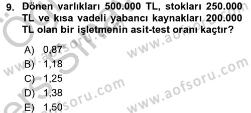 Finansal Yönetim 1 Dersi 2016 - 2017 Yılı 3 Ders Sınav Soruları 9. Soru