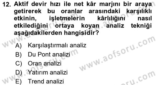 Finansal Yönetim 1 Dersi 2016 - 2017 Yılı (Vize) Ara Sınav Soruları 12. Soru