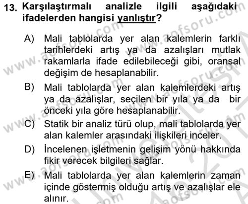 Finansal Yönetim 1 Dersi 2016 - 2017 Yılı (Vize) Ara Sınav Soruları 13. Soru
