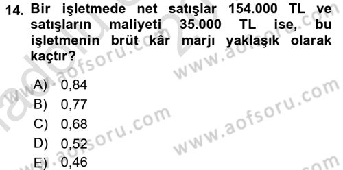 Finansal Yönetim 1 Dersi 2016 - 2017 Yılı (Vize) Ara Sınav Soruları 14. Soru