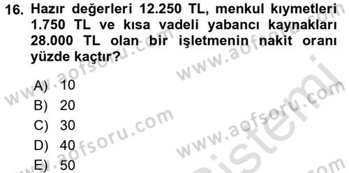 Finansal Yönetim 1 Dersi 2016 - 2017 Yılı (Vize) Ara Sınav Soruları 16. Soru
