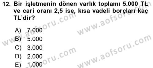 Finansal Yönetim 1 Dersi 2016 - 2017 Yılı (Final) Dönem Sonu Sınav Soruları 12. Soru