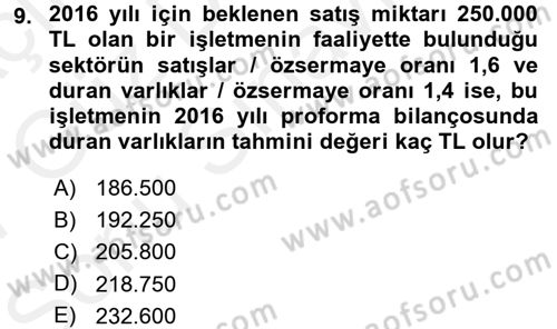 Finansal Yönetim 1 Dersi 2016 - 2017 Yılı (Final) Dönem Sonu Sınav Soruları 9. Soru