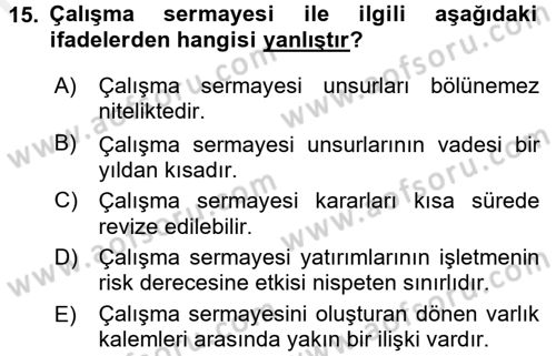 Finansal Yönetim 1 Dersi 2017 - 2018 Yılı 3 Ders Sınav Soruları 15. Soru