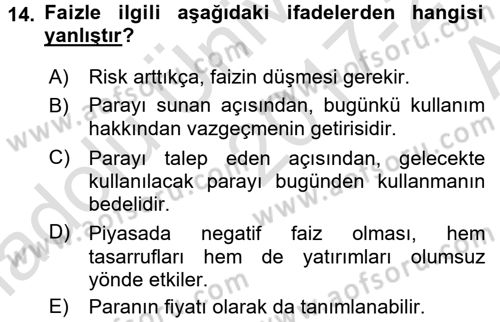 Finansal Yönetim 1 Dersi 2017 - 2018 Yılı (Vize) Ara Sınav Soruları 14. Soru