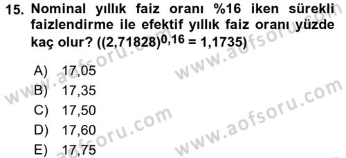 Finansal Yönetim 1 Dersi 2017 - 2018 Yılı (Vize) Ara Sınav Soruları 15. Soru