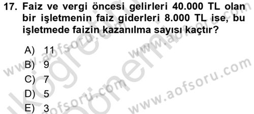 Finansal Yönetim 1 Dersi 2017 - 2018 Yılı (Vize) Ara Sınav Soruları 17. Soru