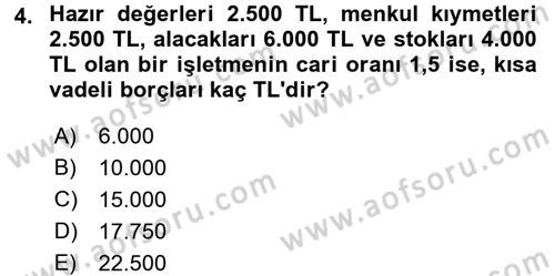 Finansal Yönetim 1 Dersi 2017 - 2018 Yılı (Final) Dönem Sonu Sınav Soruları 4. Soru
