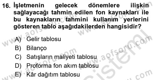 Finansal Yönetim 1 Dersi 2018 - 2019 Yılı 3 Ders Sınav Soruları 16. Soru