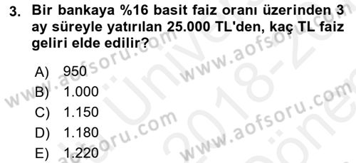 Finansal Yönetim 1 Dersi 2018 - 2019 Yılı (Final) Dönem Sonu Sınav Soruları 3. Soru