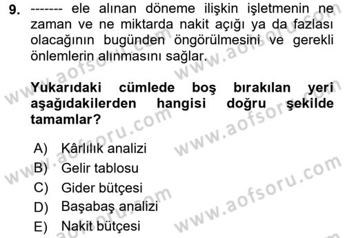 Finansal Yönetim 1 Dersi 2018 - 2019 Yılı (Final) Dönem Sonu Sınav Soruları 9. Soru