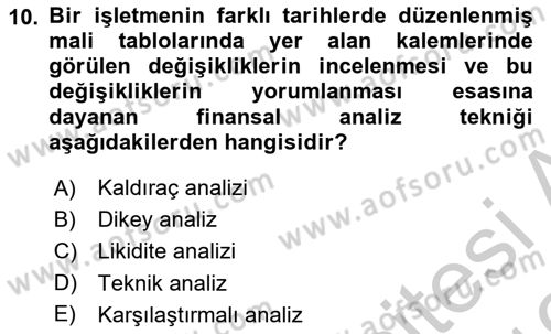 Finansal Yönetim 1 Dersi 2018 - 2019 Yılı Yaz Okulu Sınav Soruları 10. Soru