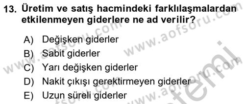 Finansal Yönetim 1 Dersi 2018 - 2019 Yılı Yaz Okulu Sınav Soruları 13. Soru