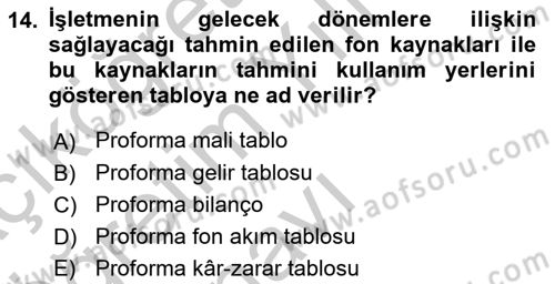 Finansal Yönetim 1 Dersi 2018 - 2019 Yılı Yaz Okulu Sınav Soruları 14. Soru