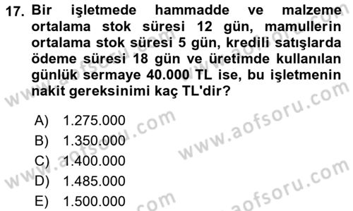 Finansal Yönetim 1 Dersi 2018 - 2019 Yılı Yaz Okulu Sınav Soruları 17. Soru
