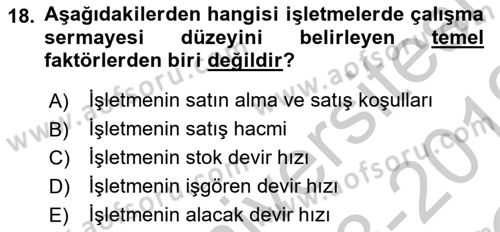 Finansal Yönetim 1 Dersi 2018 - 2019 Yılı Yaz Okulu Sınav Soruları 18. Soru