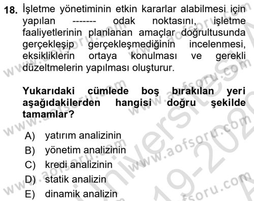 Finansal Yönetim 1 Dersi 2019 - 2020 Yılı (Vize) Ara Sınav Soruları 18. Soru
