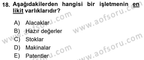 Finansal Yönetim 1 Dersi 2021 - 2022 Yılı (Vize) Ara Sınav Soruları 18. Soru