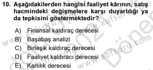 Finansal Yönetim 1 Dersi 2021 - 2022 Yılı (Final) Dönem Sonu Sınav Soruları 10. Soru