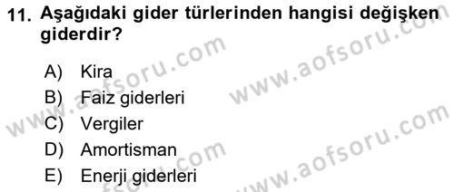 Finansal Yönetim 1 Dersi 2021 - 2022 Yılı (Final) Dönem Sonu Sınav Soruları 11. Soru