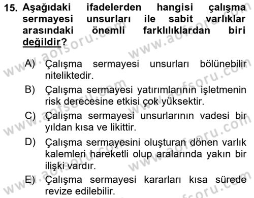 Finansal Yönetim 1 Dersi 2021 - 2022 Yılı (Final) Dönem Sonu Sınav Soruları 15. Soru
