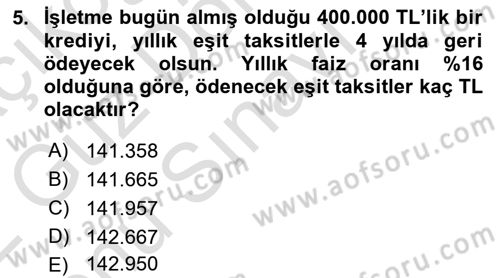 Finansal Yönetim 1 Dersi 2021 - 2022 Yılı (Final) Dönem Sonu Sınav Soruları 5. Soru